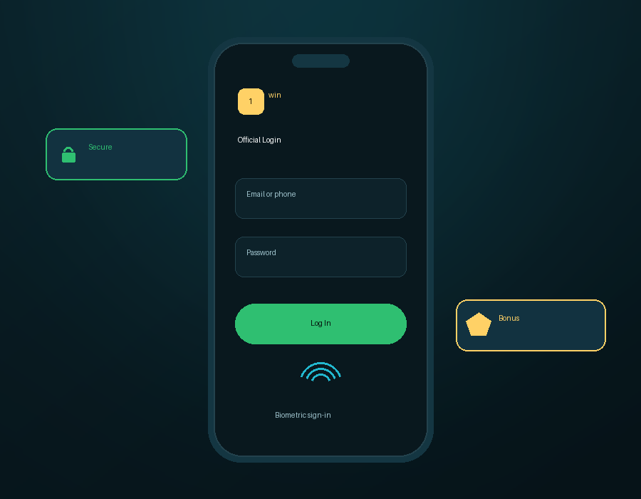 Official 1win app login screen with secure sign-in and biometric access
