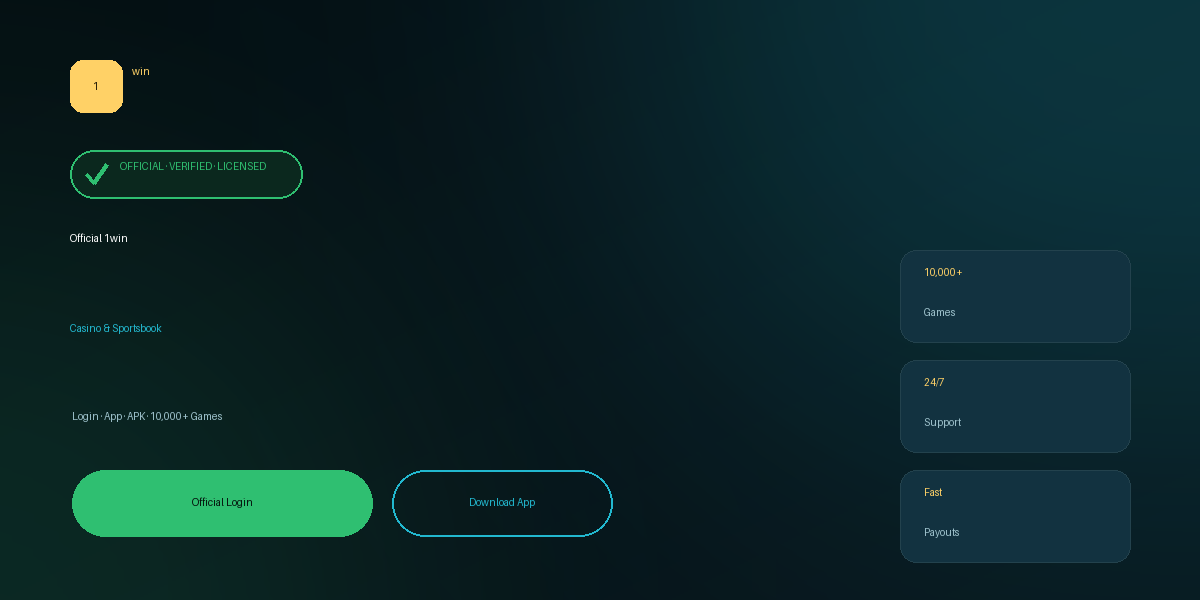 Official 1win casino and sportsbook banner with login, app and APK options